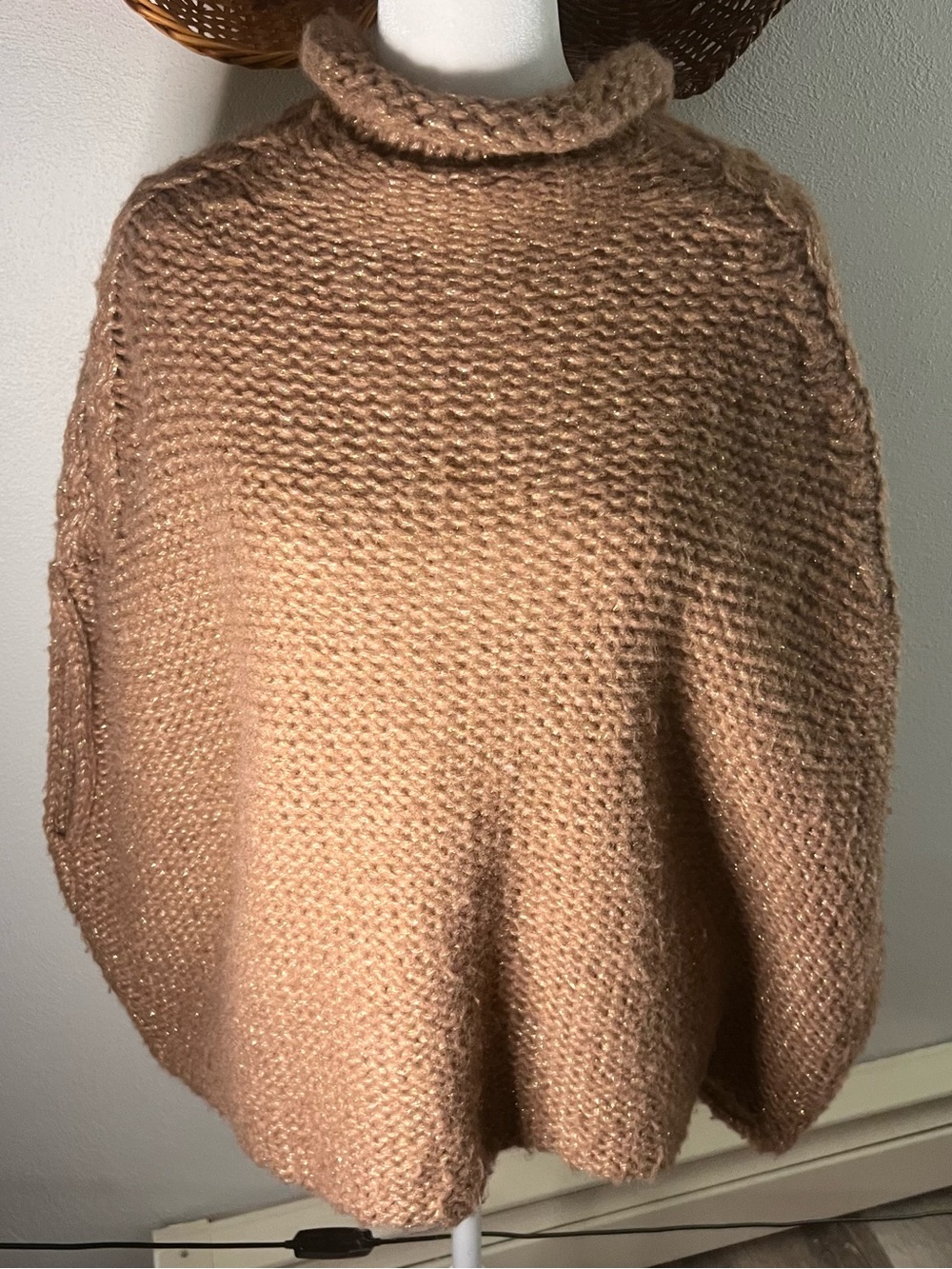 Soft Camel Knit Poncho Sweater with Rolled Neck